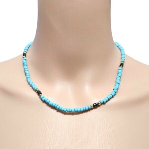 Handmade Beaded Choker Necklace 17" Turquoise Blue Seed Bead Gold Black Boho